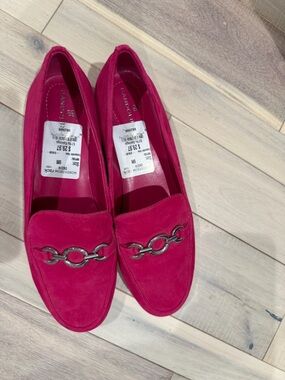 Bandolino Suede Loafers with Silver Chain Accent - Fuchsia